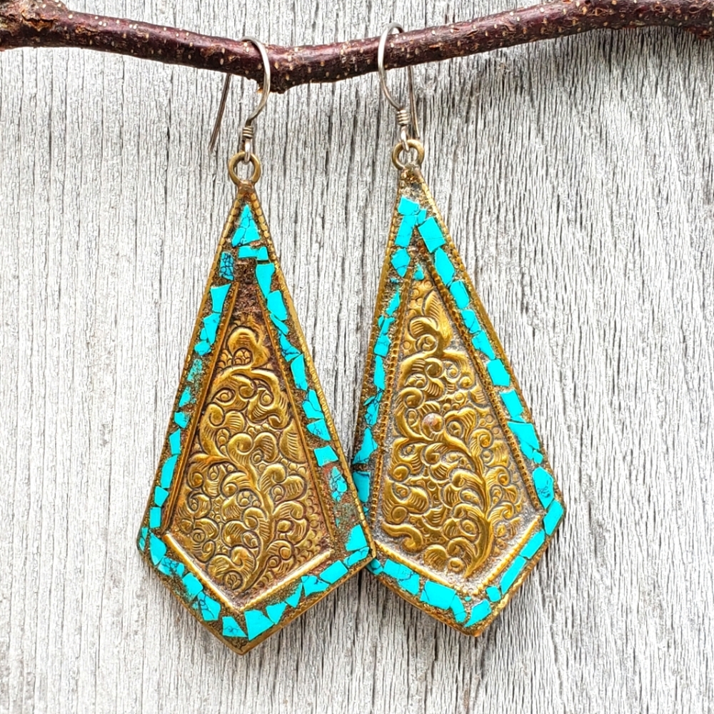Two Tone Botanical Statement Earring With Turquiose